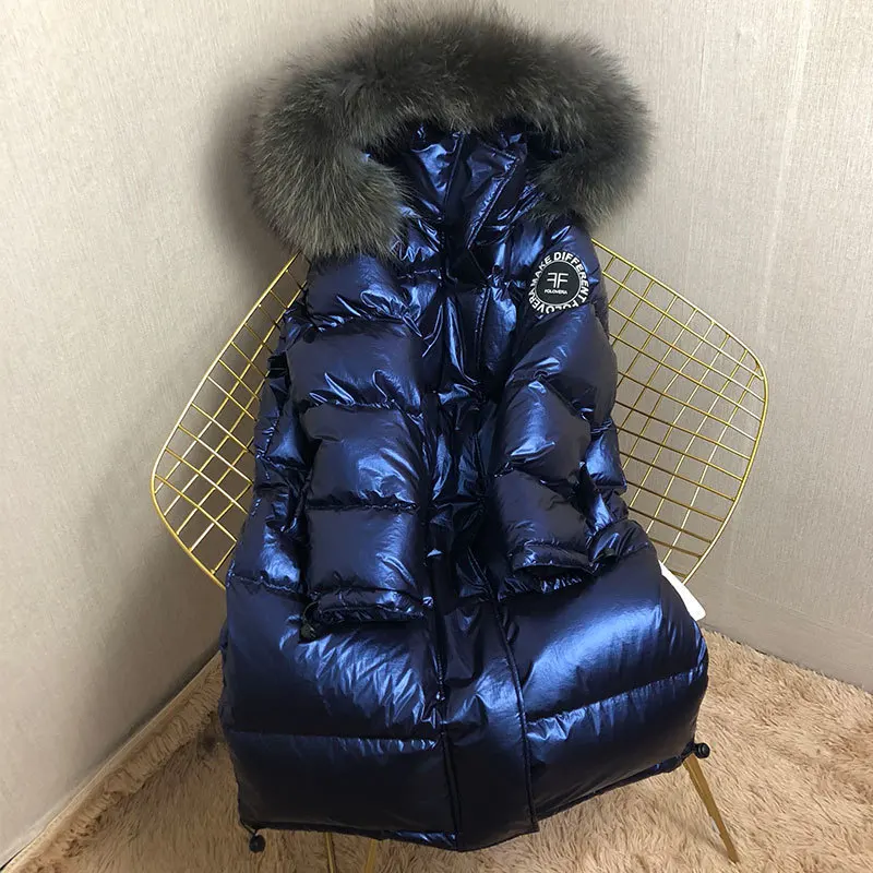Raccoon Fur Collar Winter Down Coats Women 2019 Long Jackets Fashion Bright Hooded Parka Down Jacket Female Outerwear Warm PL21