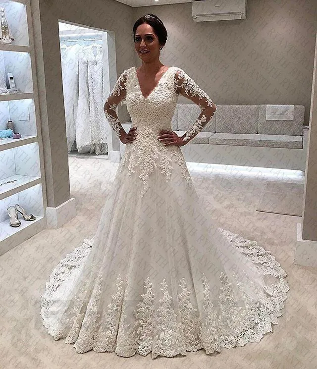 Ryanth Vestido De Noiva Sexy V Neck Long Sleeve Lace Wedding Dress 2019 New Arrival Robe Mariee Custom Made Bridal Gown | Свадьбы и