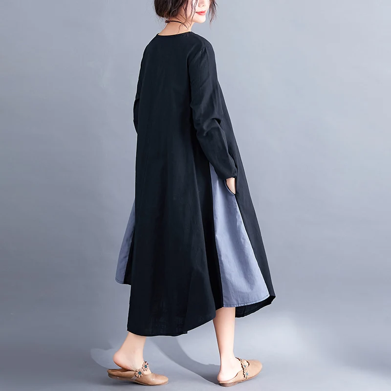 Black Long Loose Robe Dress 2019 Spring Summer Women Sleeved Stitching Cotton and Linen Dresses | Женская одежда