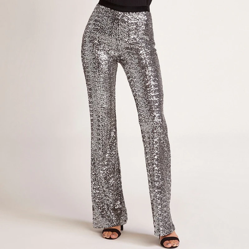 Womens Sequined High Waist Pants Party Bell Bottoms Casual Long Shining Trousers | Женская одежда