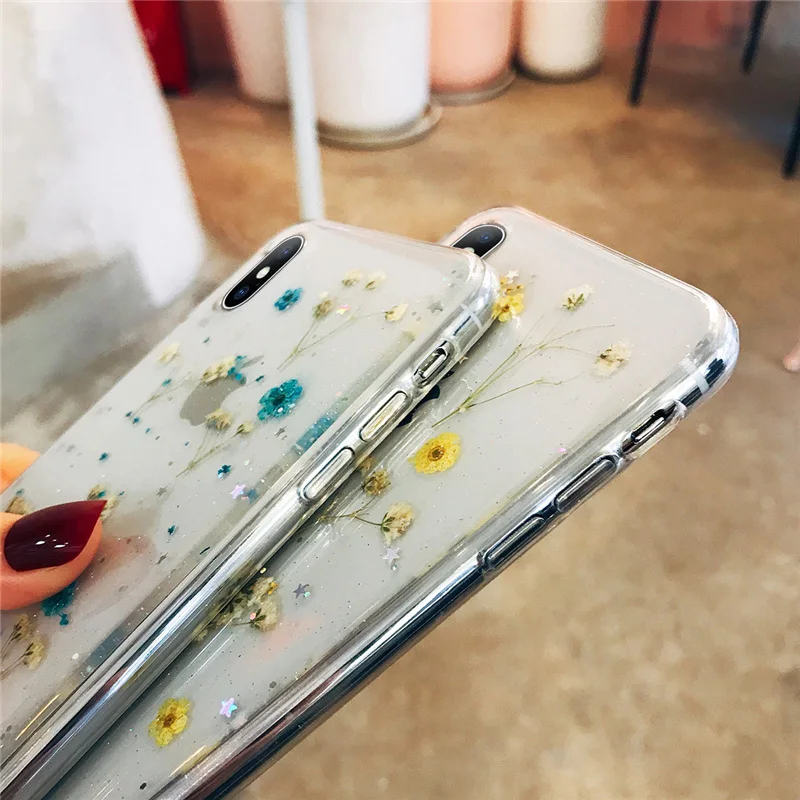 Lovebay Phone Case For iPhone 6 6s 7 8 Plus X XR XS Max Real Flowers Dried Transparent Soft TPU |