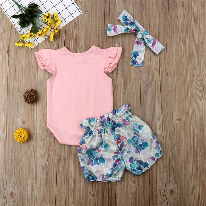 2019 Fashion Baby Girl Summer Clothes Solid Short Flying Sleeve Romper Tops+Infant High Waist Fish Shorts+Headband Outfit | Детская