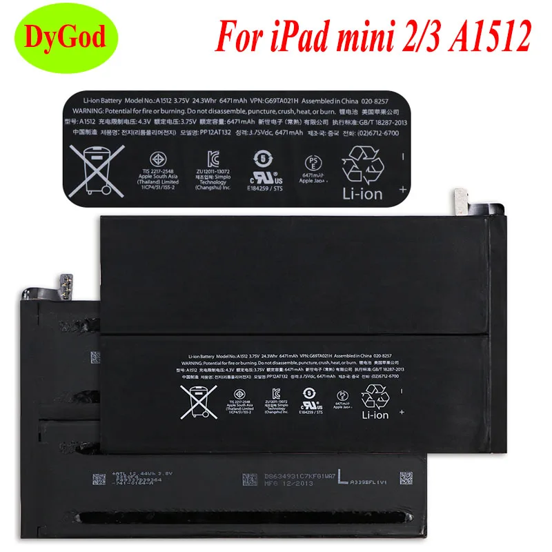 Аккумулятор DyGod 6471 мАч для планшета iPad mini 2/3 Сменный аккумулятор A1512 A1489 A1490 A1491 A1599