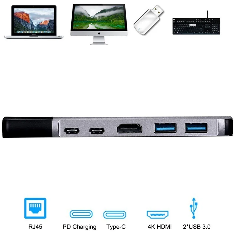 Usb type C концентратор Thunderbolt 3 адаптер к 4 K HDMI гигабитный Ethernet с RJ45 DHMI 2 USB3.0 USB порт