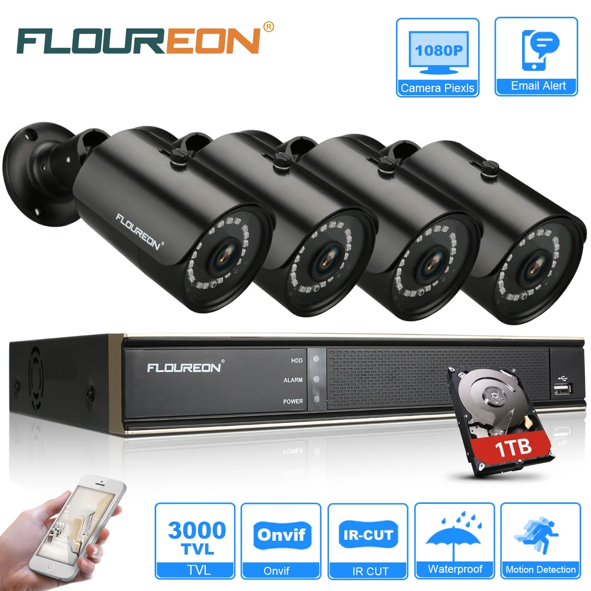 Floureon 1 X 8CH 1080 P 1080N AHD DVR + 4 Открытый 3000TVL камеры ТБ HDD комплект безопасности ЕС CCTV