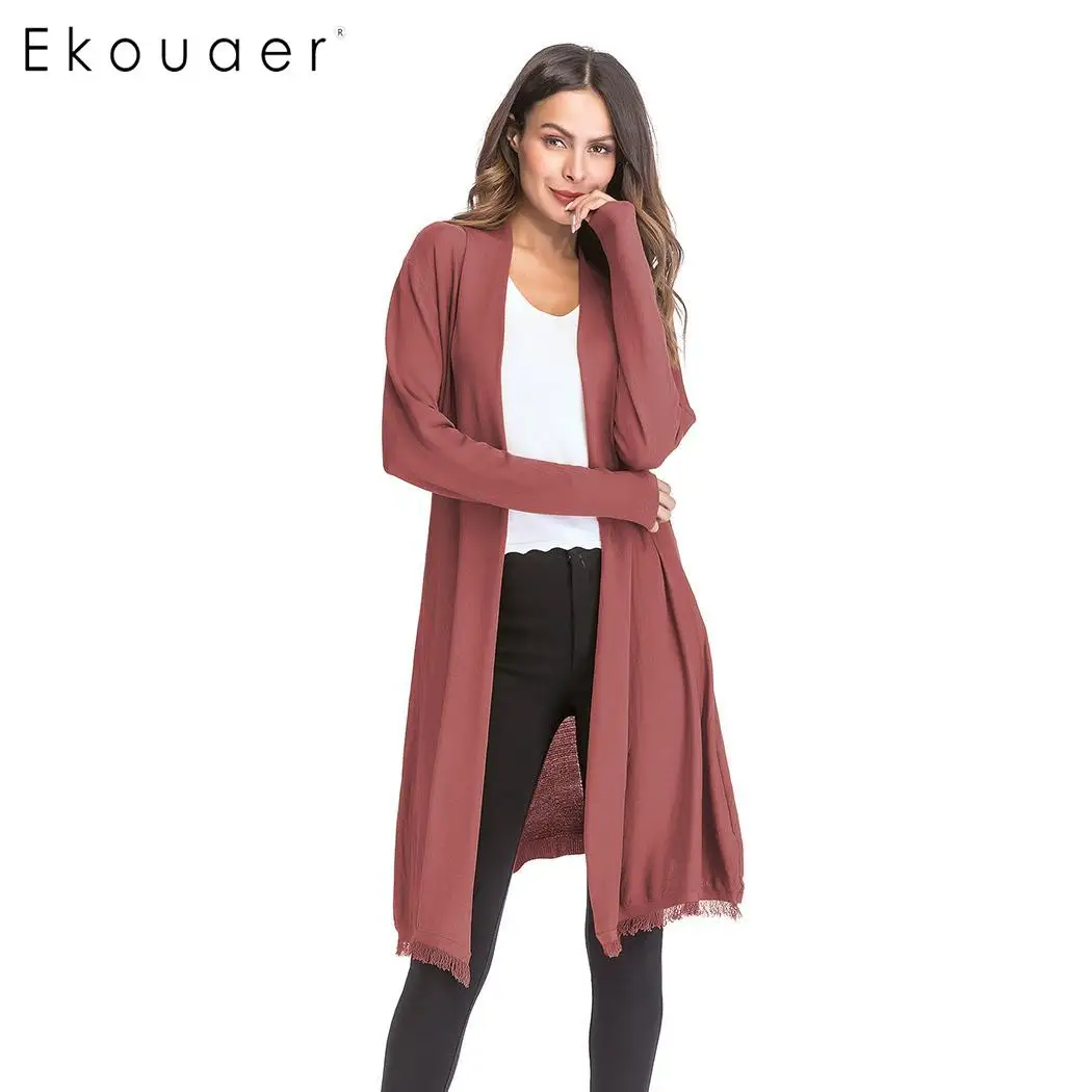 Женский длинный кардиган Ekouaer модный вязаный свитер с отложным воротником и