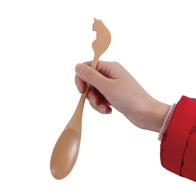 

BalleenShiny Wooden Cat Tail Spoon Cartoon Kitchen Tableware Coffee Dessert Ice-cream Scoop Forks Fruit Decorative Spatula