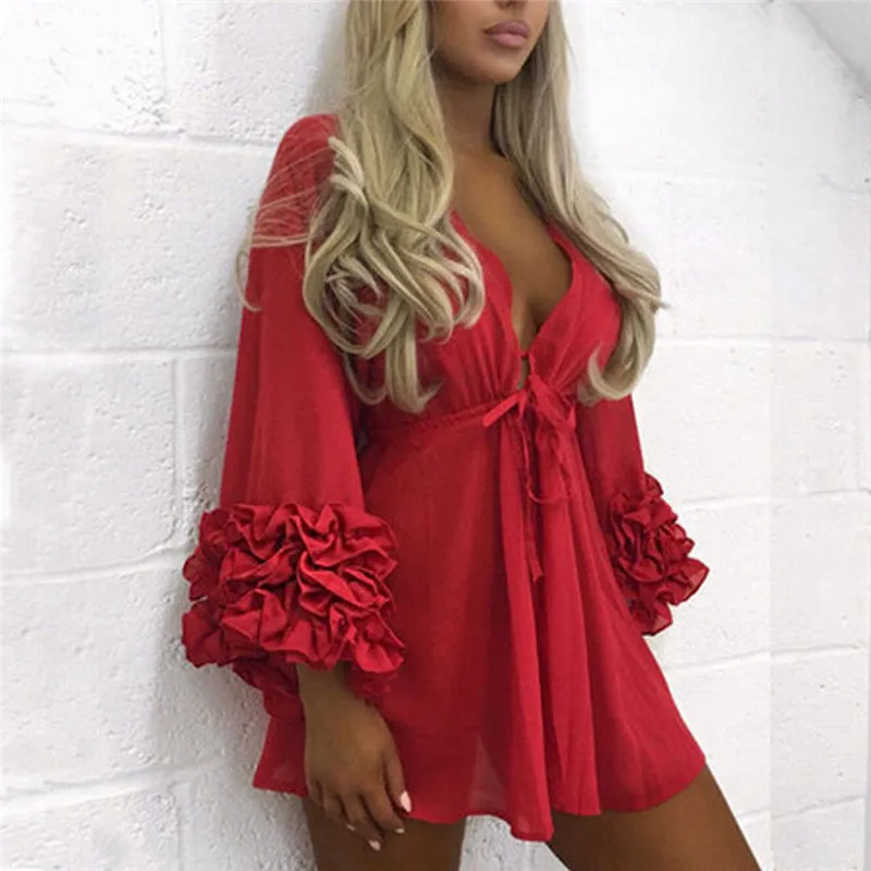 Boho Women Summer Cover Up Beach Shirts Ruffles Loose Sleeve Deep V Neck Tops Blouse Fashion Solid Lady Swimwear | Женская одежда