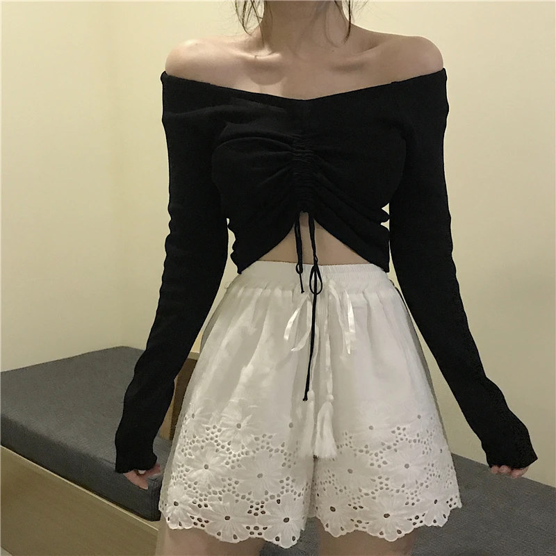 Ladies Sexy Sweaters Slash Neck Long Sleeves Knitted Tops Lace Up Clubwear Female Clothing Spring Autumn Pullover Sweater | Женская
