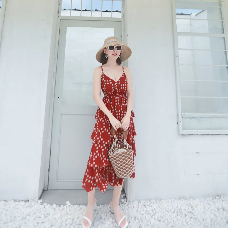 

Beach Holiday Beach Dress 2020 New Dress Retro V-neck Wave Sling Cake Dress Girl Long Dress's Vestidos De Fiesta De Noche