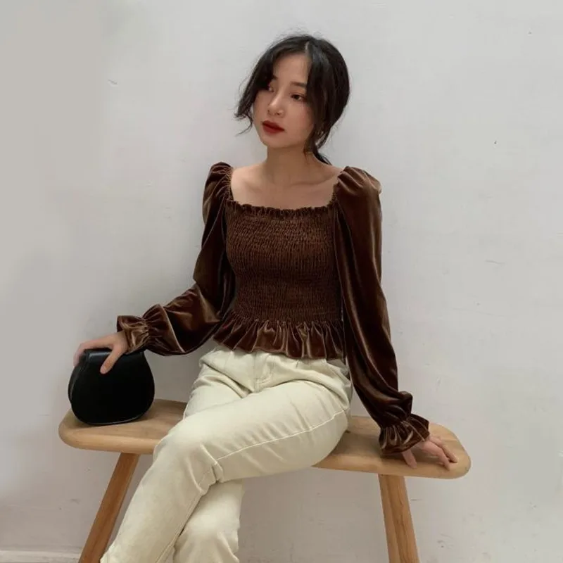 VGH Spring Sexy Lantern Sleeve Short Women Shirt Square Collar Backless Slim Hem 2019 Women's Shirts Fashion New Korean |