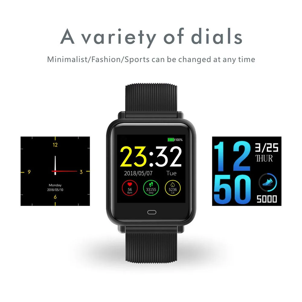 

Q9 Blood Pressure Smartwatch Fitness Tracker Pedometer 15 Days Work Message Display HRM Heart Rate Waterproof Smart Watch