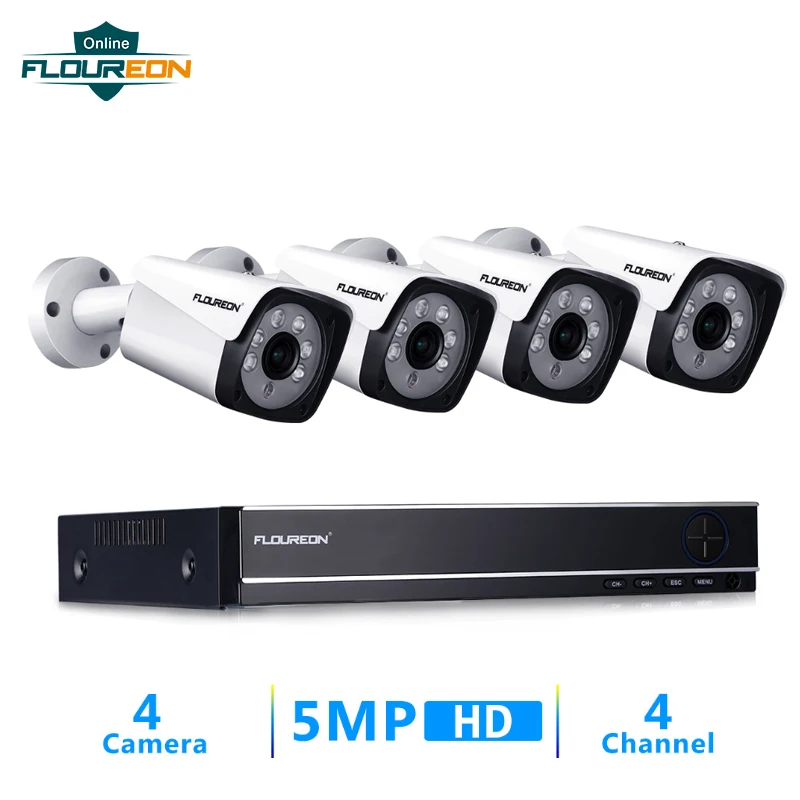 Floureon 4CH HD AHD DVR + 4 шт. 5MP водостойкие CCTV Крытый/Открытый пуля камера s дома/офиса