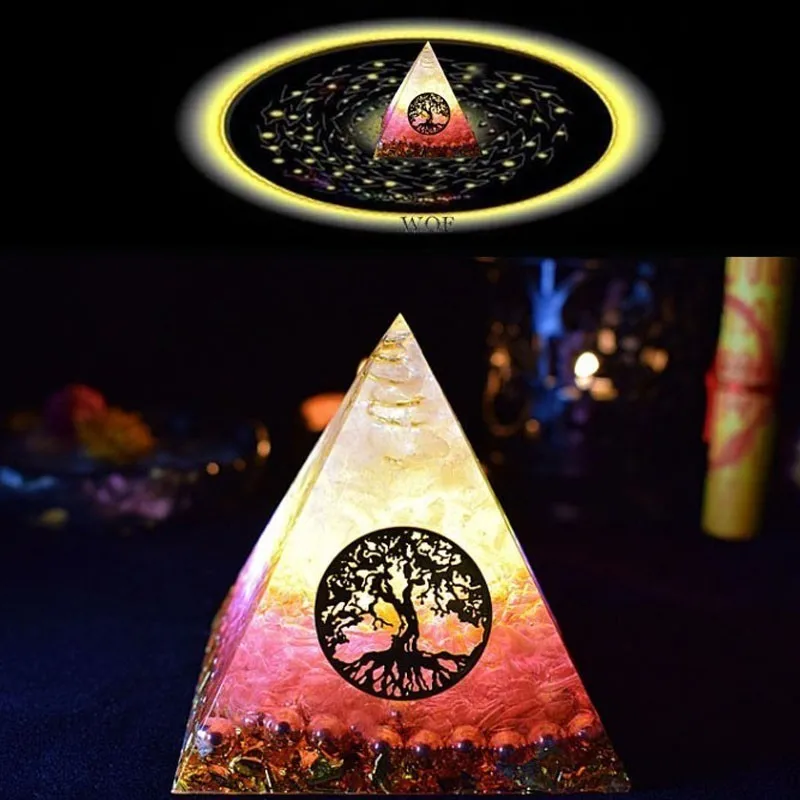 AURA REIKI Orgonite Pyramid Ariel Maripura/Sahasrara Chakra Love Crystal Bring Lucky Stone Resin Pyramid Crafts Ornaments C0145