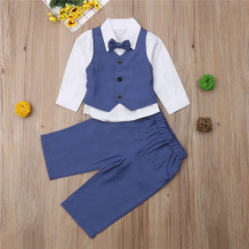 Boys Clothing Gentleman Suit 4pcs Kid Children Baby Boy Clothes Set Long Sleeve Blouse Blue Waistcoat Tie Shirt Pants Outfit | Детская
