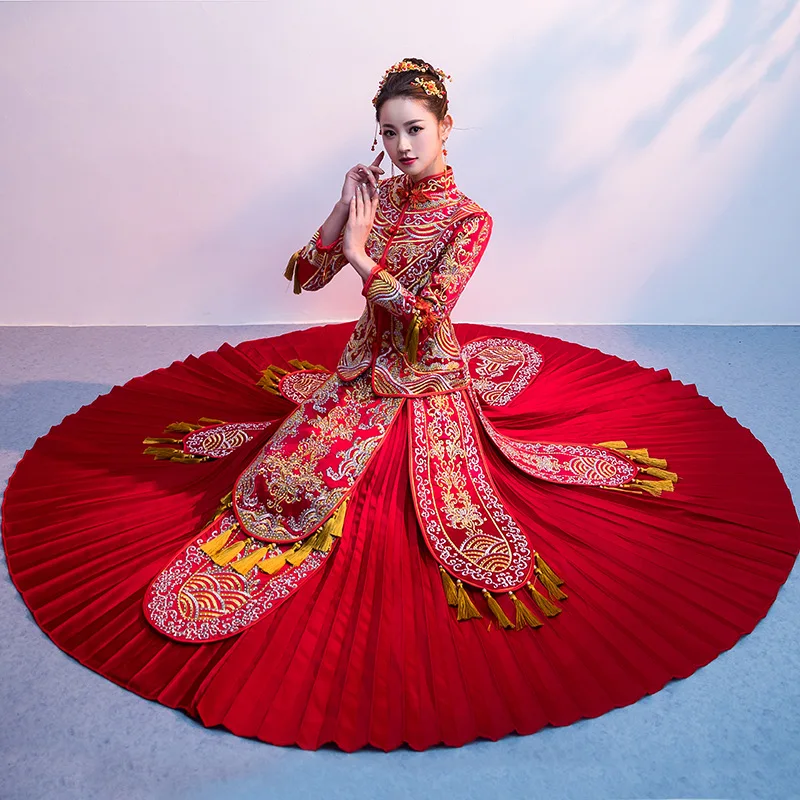 Лидер продаж красное атласное платье Cheongsam с вышивкой китайское свадебное для