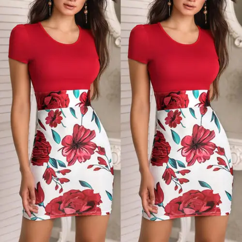Women Patchwork Casual Evening Party Dresses Vintage Floral Print Bodycon Short Sleeve Dress Summer | Женская одежда