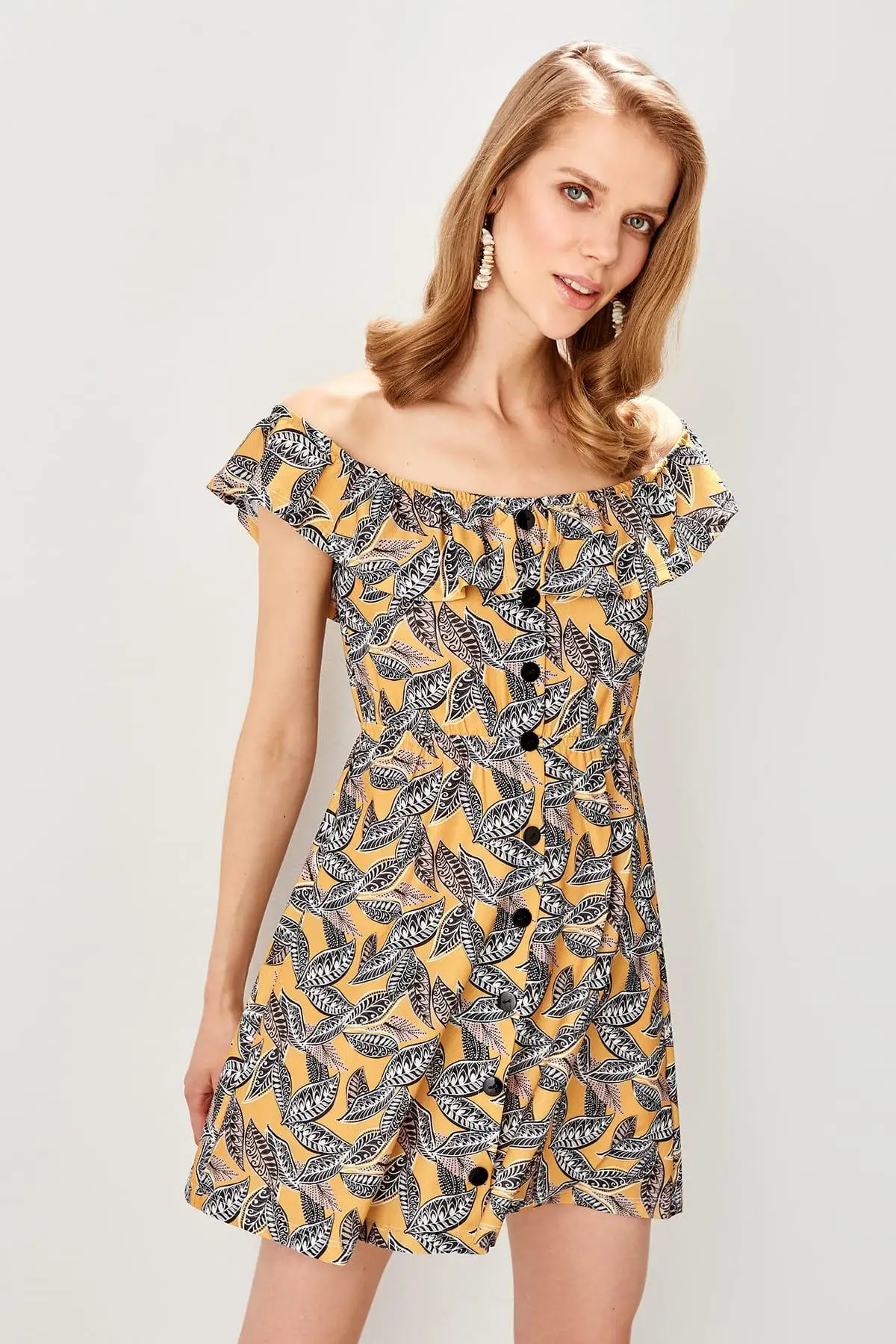 Trendyol желтый Кармен воротник узор трикотажное платье TWOSS19ST0144|Женские платья| |