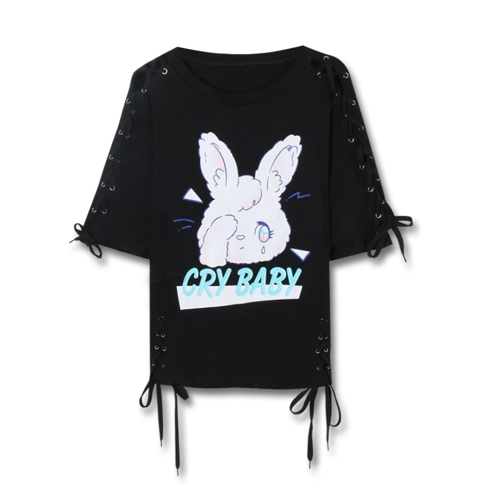 Lychee Girls Cry Rabbit футболки на шнуровке женские с коротким рукавом и круглым вырезом