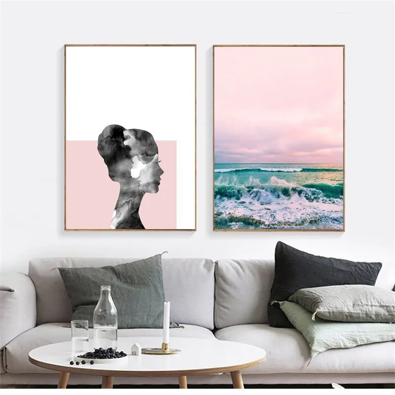 SURE LIFE Ins Nordic Landscape Pink Abstract Face Canvas Paintings Poster and Print Pop Wall Art Pictures Living Room Home Decor | Дом и сад
