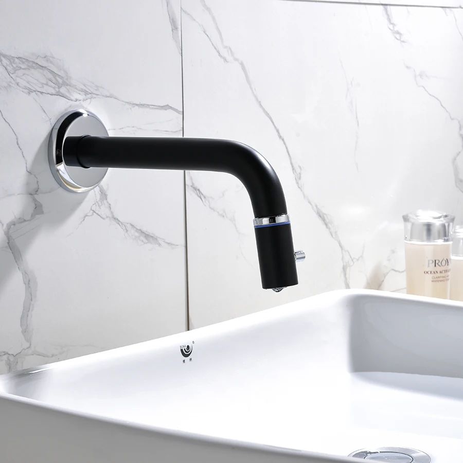 

cold water faucet in wall bathroom black basin faucet stainless steel Lead-free single hole Contemporary minimalist style