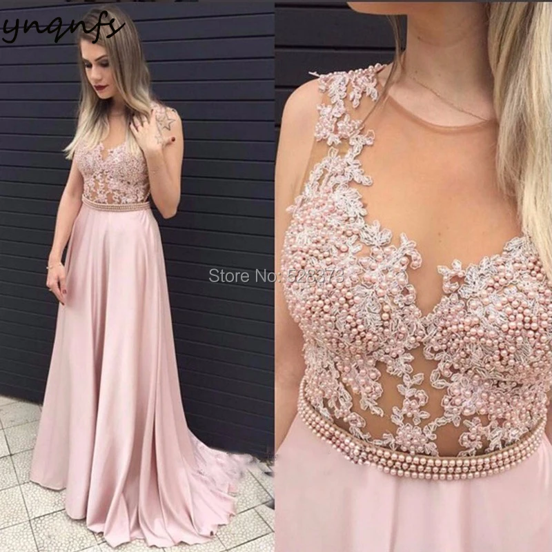 

YNQNFS P5 Stretch Satin Illusion Neck Pearls Vestidos Festa Prom Ball Party Gown 2019 See-Through Bridesmaid Dresses