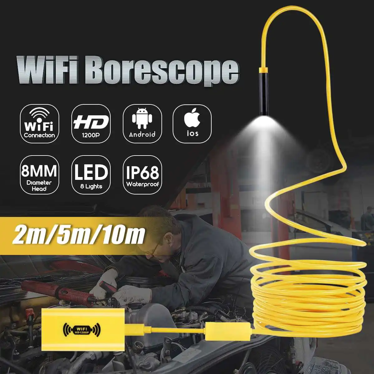 

Камера-Эндоскоп HD 1200P с Wi-Fi, 2/5/10 м