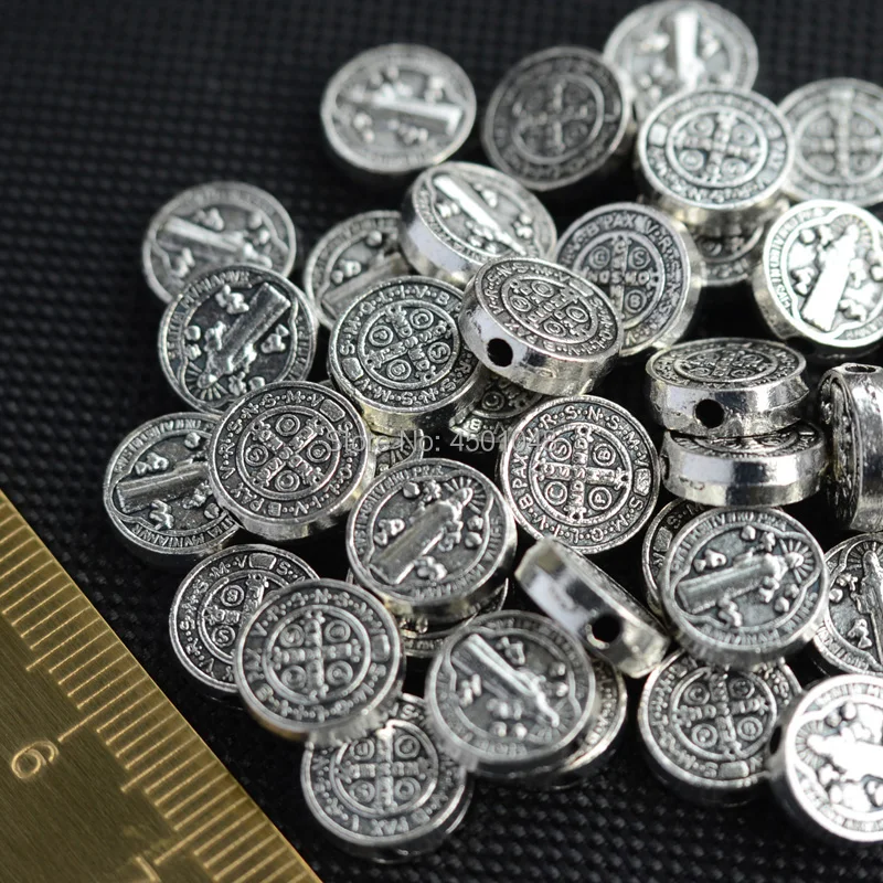 Catholic St Benedict Saint Beads metal Benedicti antique silver Bead Bracelet Accessories Religious Medallion 100pcs 10mm | Украшения и