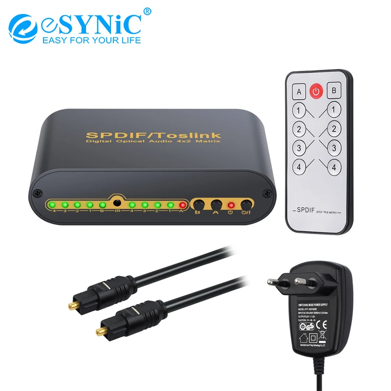 Esynic SPDIF/TOSLINK оптический цифровой аудио 4x2 Переключатель коммутатор с оптическим