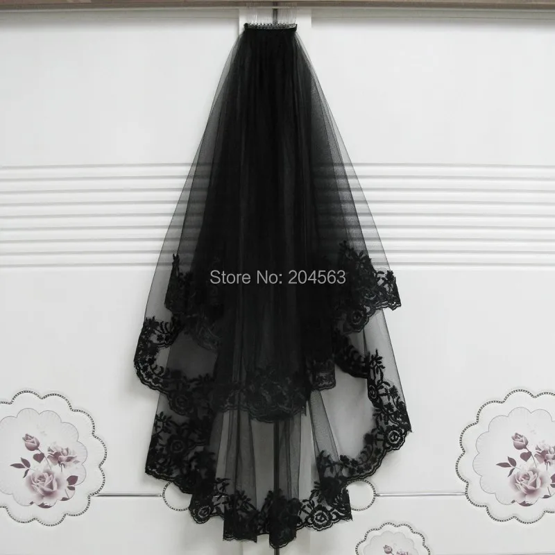 

Two-Layer Elbow Length Wedding Veil Tulle Black Lace COS Veil for Bride with Comb