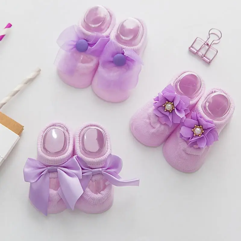 Противоскользящие носки для новорожденных 3 пар/лот детские тапочки с кружевной