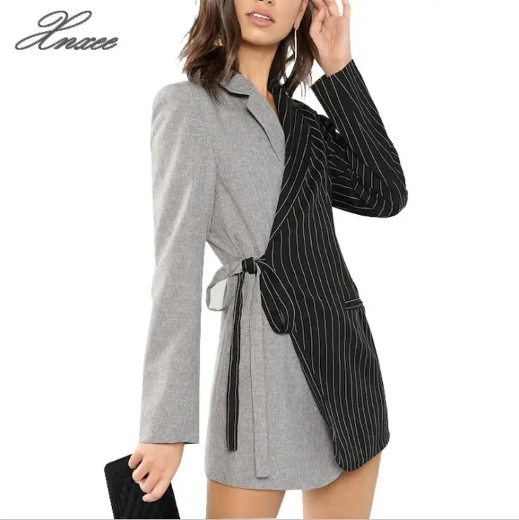 Autumn Women Blazers And Jackets Colorblock Tie Waist Surplice Wrap Womens Blazer Notched Outerwear Ladies Long Coat surplice wrap tie waist stripe dress