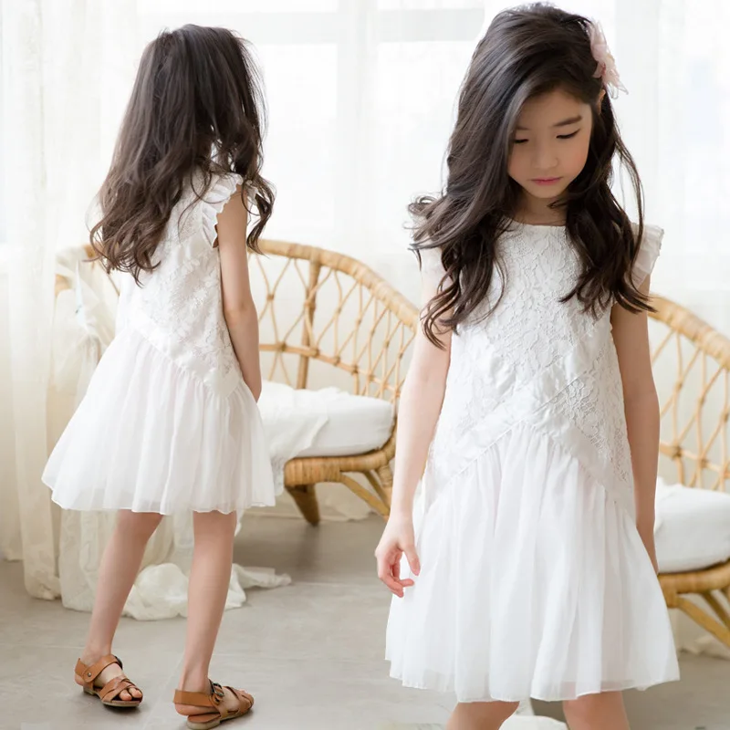 2021 New Summer Sleeveless White Lace Dress Ruffle Princess Costume Age for 4 - 14 Yrs Teenage Girls School Style Party Frocks | Детская