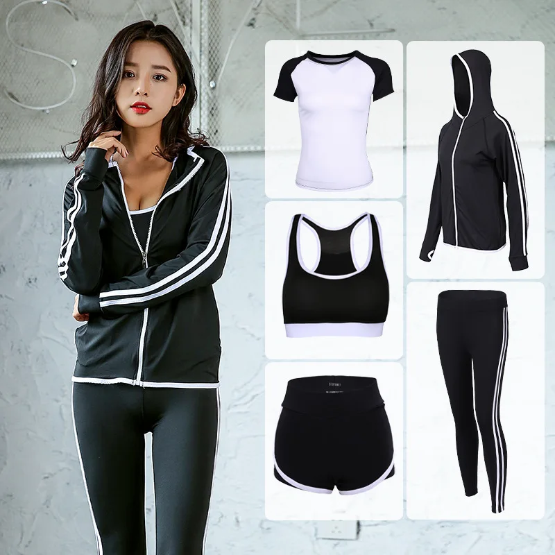

2018 Yoga Set Sport Jacket+tights Pants+short+yoga Shirt+sports Bras 5 Pieces Running Sportswear Tracksuit Fitness Gym Clothing