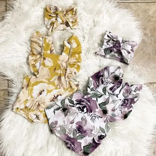 UK Newborn Baby Girls Clothes Floral Print Romper+Headbands Set Kids Girl Outfit |