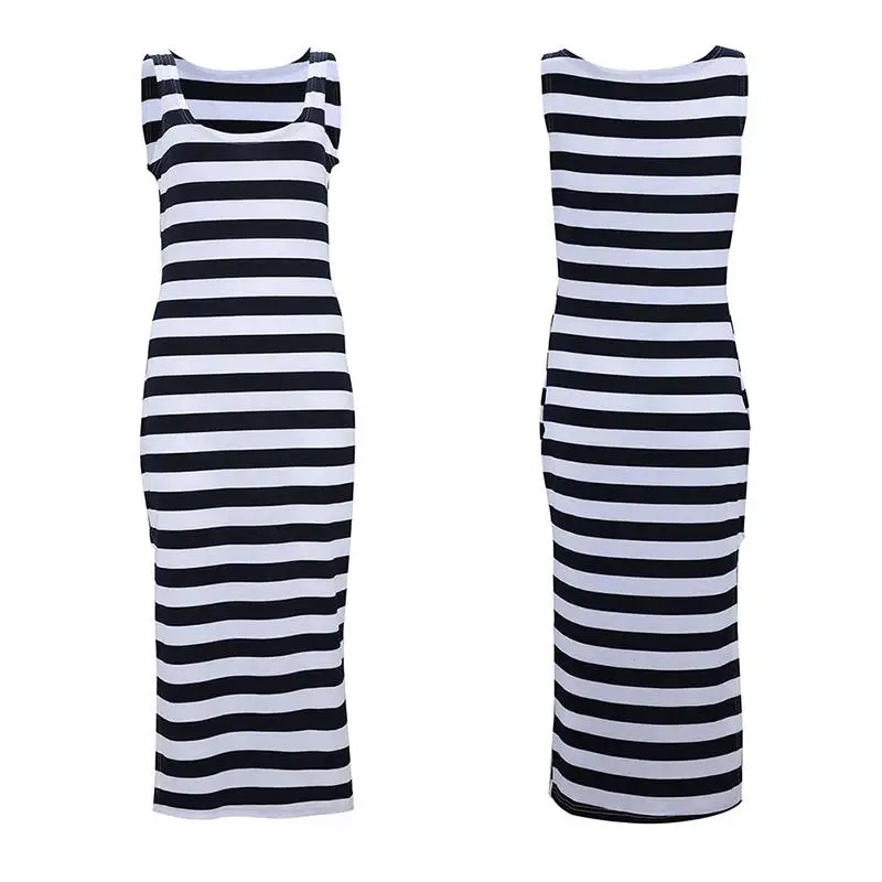 

2019 Summer Beach Dress Women Casual Striped Long Dresses O Neck Sleeveless Bodycon Dress Sexy Sundress SJ2617X