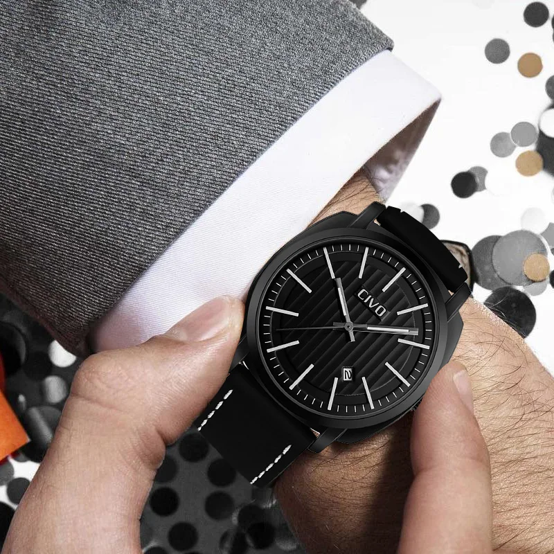 

CIVO Mens Watches Waterproof Analogue Date Calendar Watches Mens Black Genuine Leather Quartz Wrist Watches Men Reloj De Hombre