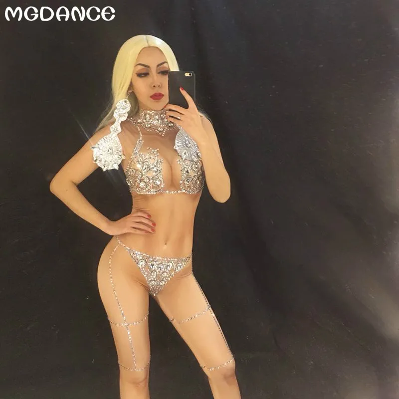 

New Women's sexy Bling Silver Crystals Rompers Nude Jumpsuit Costume Dance Stage Wear Bodysuit Women Singer Big Stretch Outfit