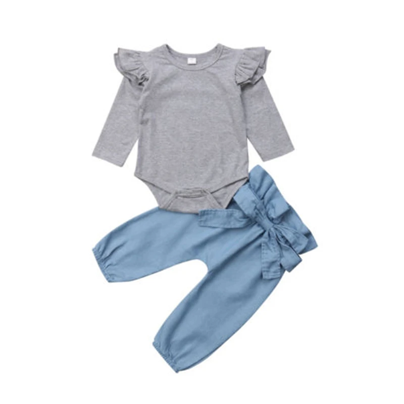 

Toddler Infant Baby Girl Bowknot Clothes Autumn 3Pcs Sunsuit Set Kids Girls Bodysuit Tops Romper Jeans Denim Pants Clothes Set