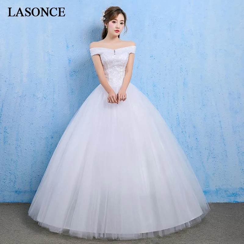 

LASONCE Lace Embroidery Short Sleeve Ball Gown Wedding Dresses Crystal Boat Neck Off The Shoulder Backless Bridal Gowns