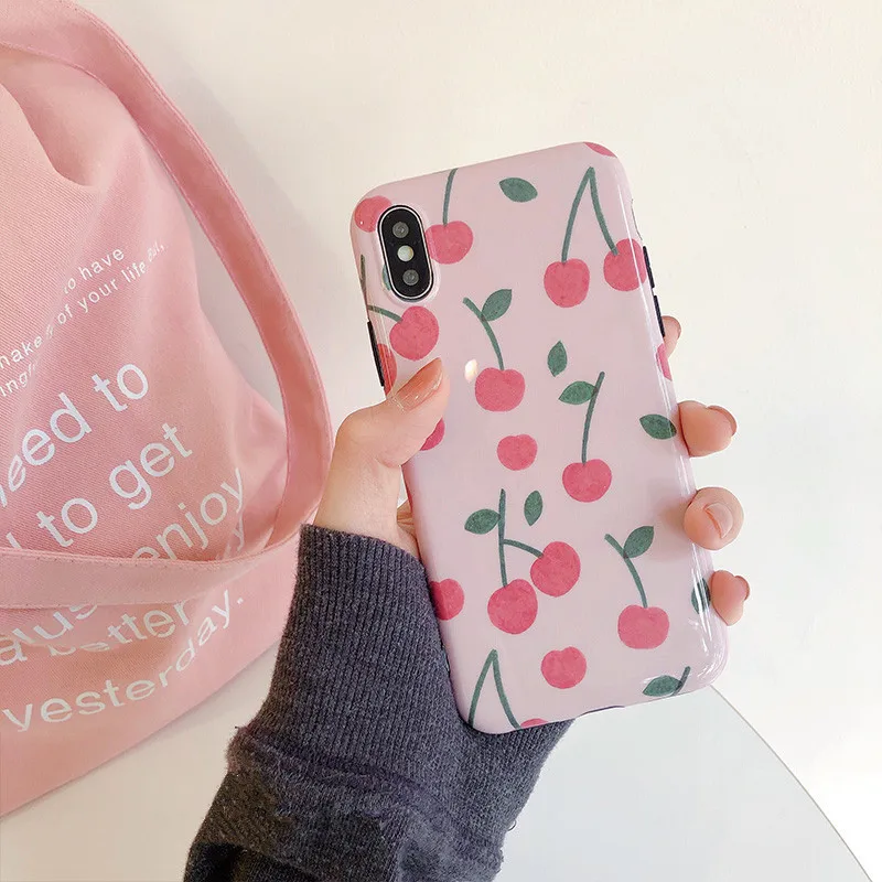 Kawaii Pink Japanese Fruit Cherry Phone Case For iPhone 7 Puls 6 6S 8 X XS XR Xsmax Cases Retro Soft Silicon Back Cover | Мобильные