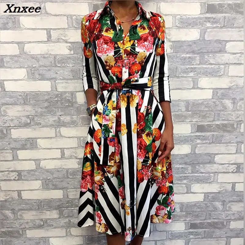 Summer Women Fashion Elegant Workwear Tunic Midi 2018 Casual Dress With Belt Floral Striped Multicolor Print Formal Shirt | Женская