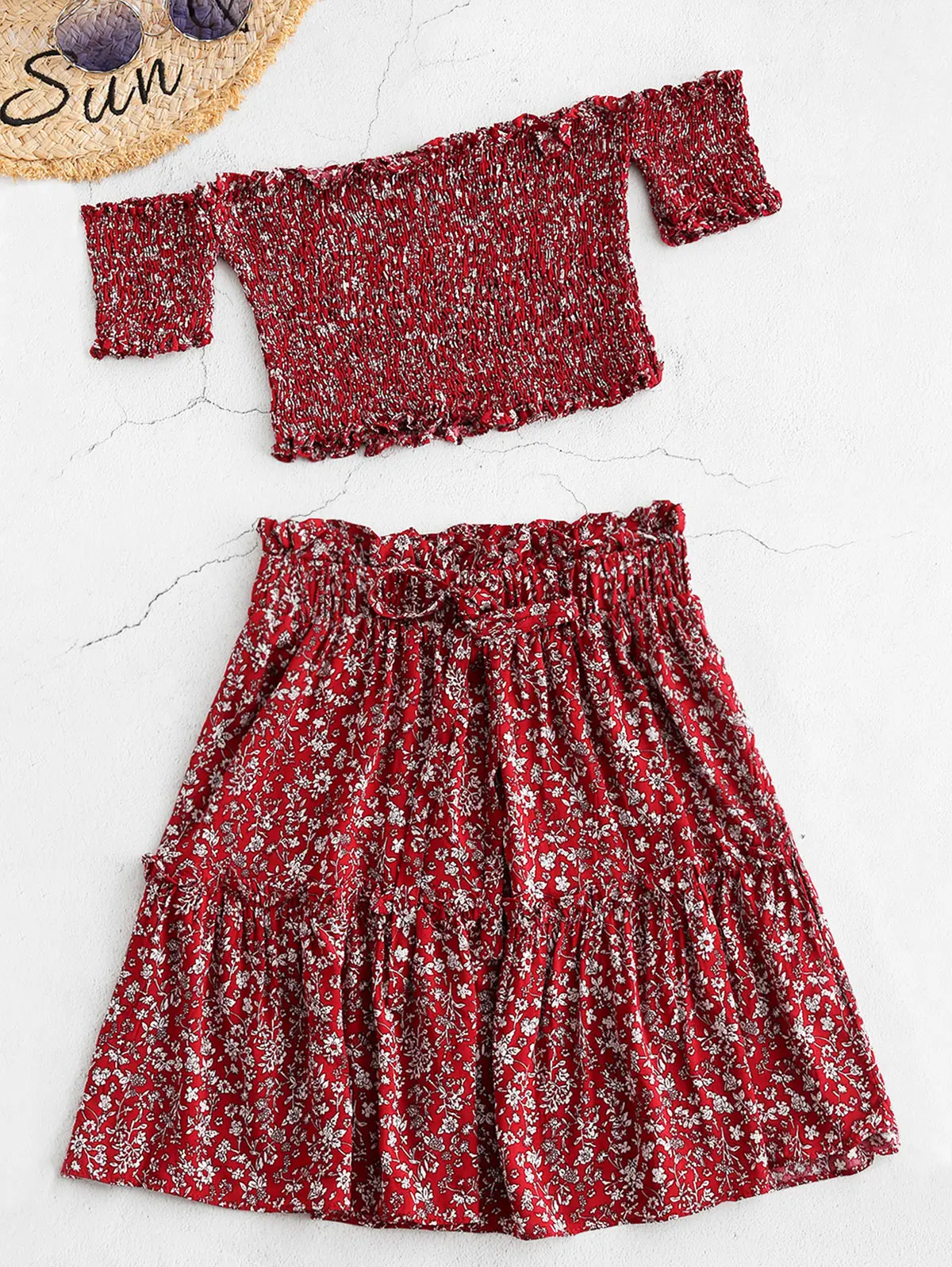 ZAFUL Smocked Floral Print Top And Skirt Women Set Clothing Summer Off The Shoulder Short Sleeves Ruffles Crop Skirts Suit |