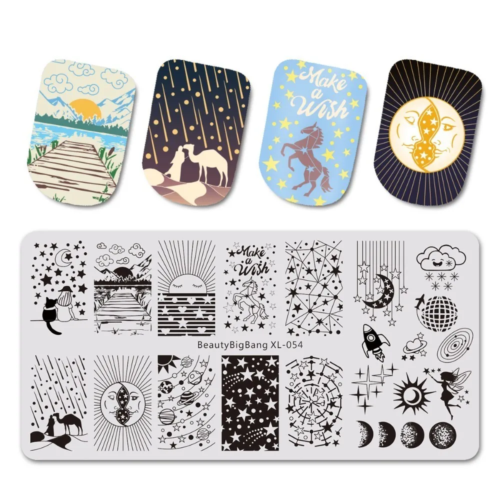 

Beautybigbang Nail Stamping Plate Stainless Steel 6*12cm Moon Dream Stars Unicorn Cloud Image Theme Template for Nail Art XL-054
