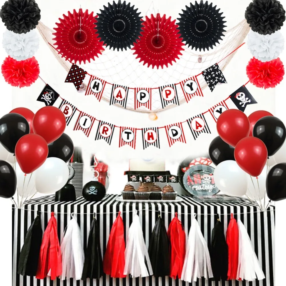

20pcs Black Red Pirate Theme Birthday Party Decoration Set Happy Birthday Banner Paper Fans Latax Balloons Tassel Garland