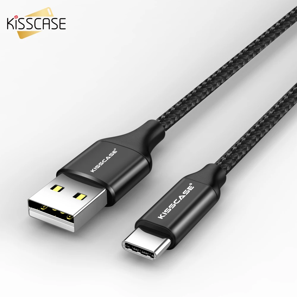 KISSCASE черный нейлоновый Плетеный телефонный кабель USB Type C для iPhone X 7 8 1 м 3A быстрой