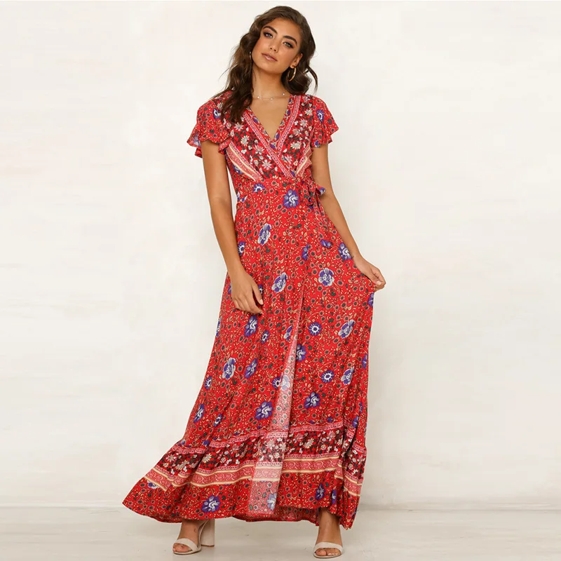 2019 летнее пляжное макси-платье с разрезом и поясом сексуальное длинное платье