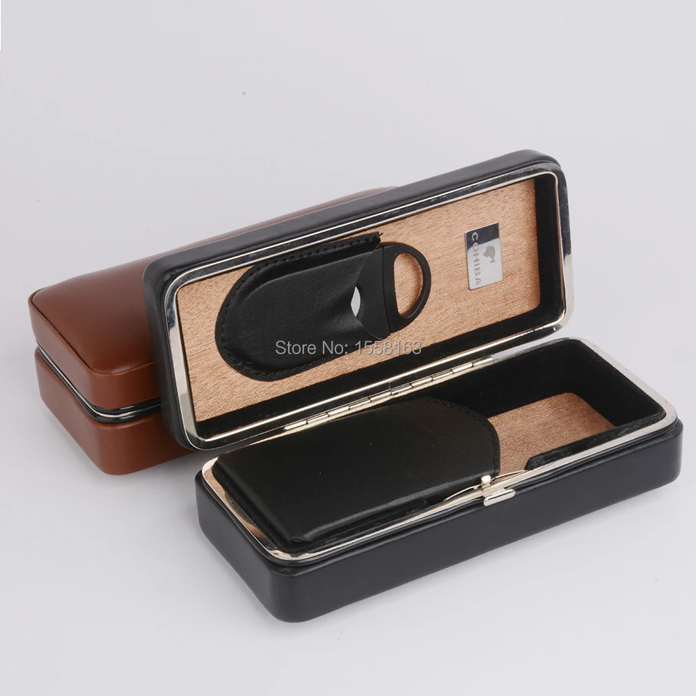 COHIBA Travel Cigar Case Black Leather Cedar Wood Lined Holder Mini Humidor with Cutter | Accessories
