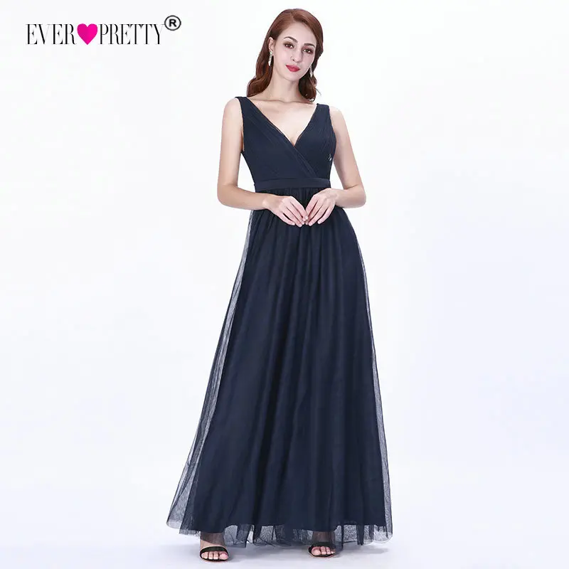 Длинные платья подружек невесты 2019 Ever Pretty темно синий А силуэт Тюль Кружева