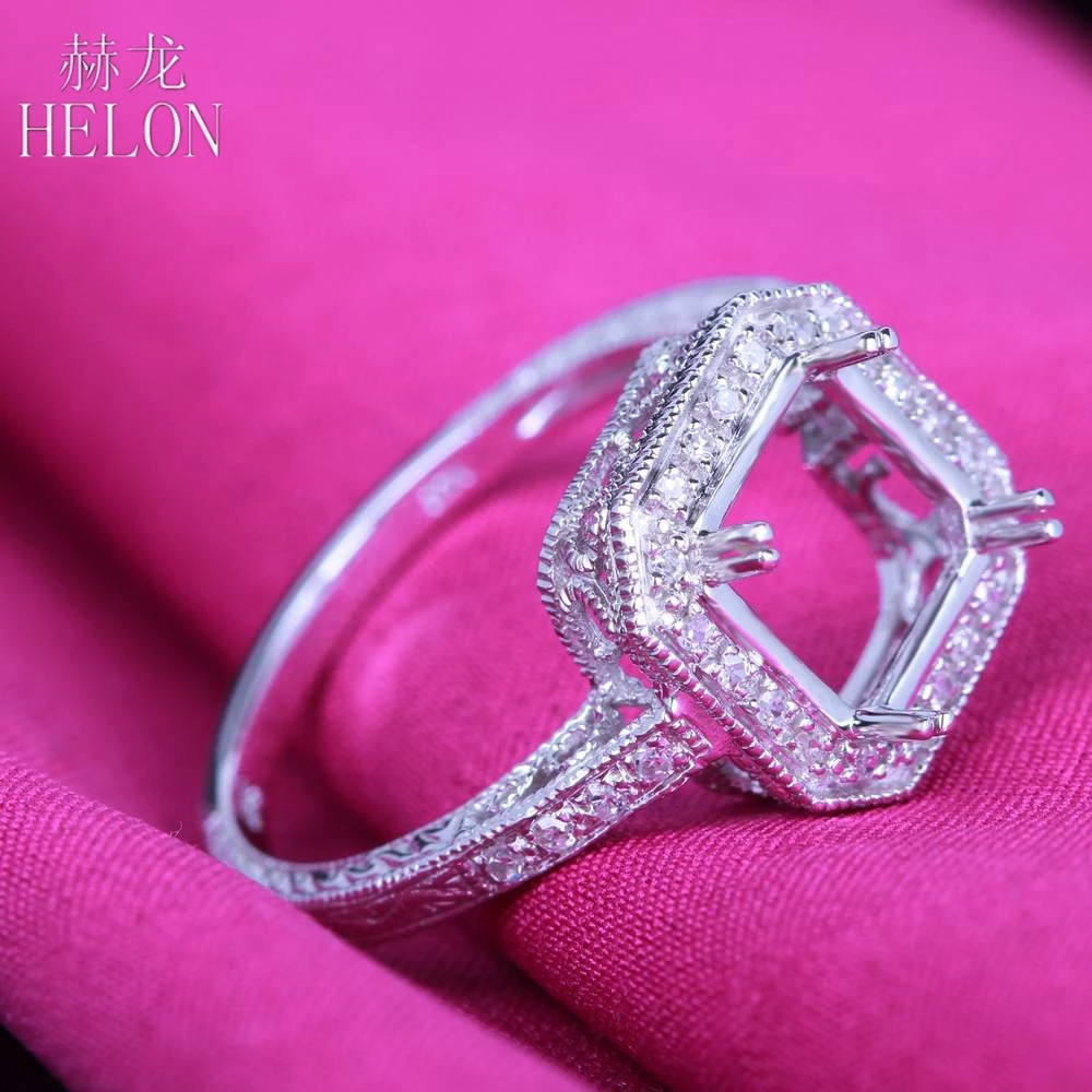 

HELON 8x8mm Cushion Cut Solid 10k White Gold 0.2ct Genuine Natural Diamonds Engagement Wedding Unique Jewelry Semi Mount Ring